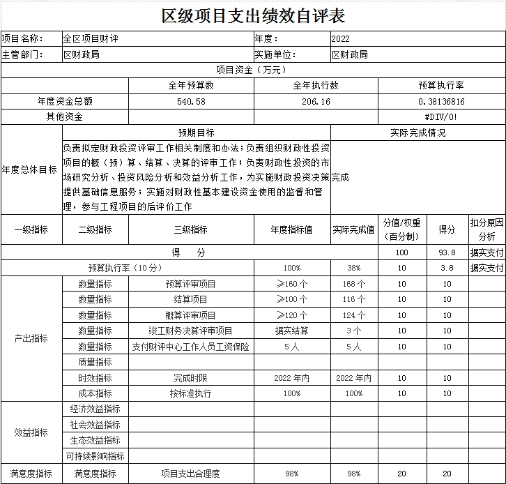 区级项目支出绩效自评表（全区项目财评）