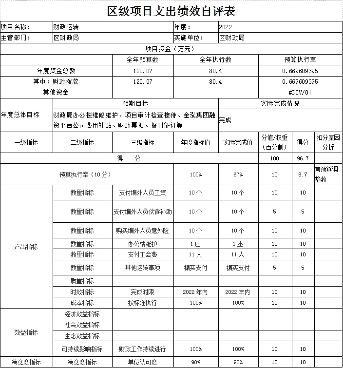 区级项目支出绩效自评表（财政运作）