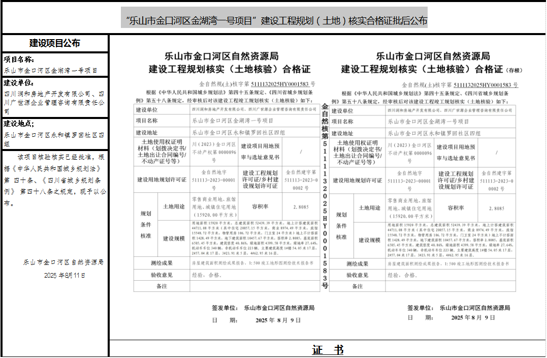 乐山市金口河区金湖湾一号项目建设工程规划（土地）核实合格证批后公布